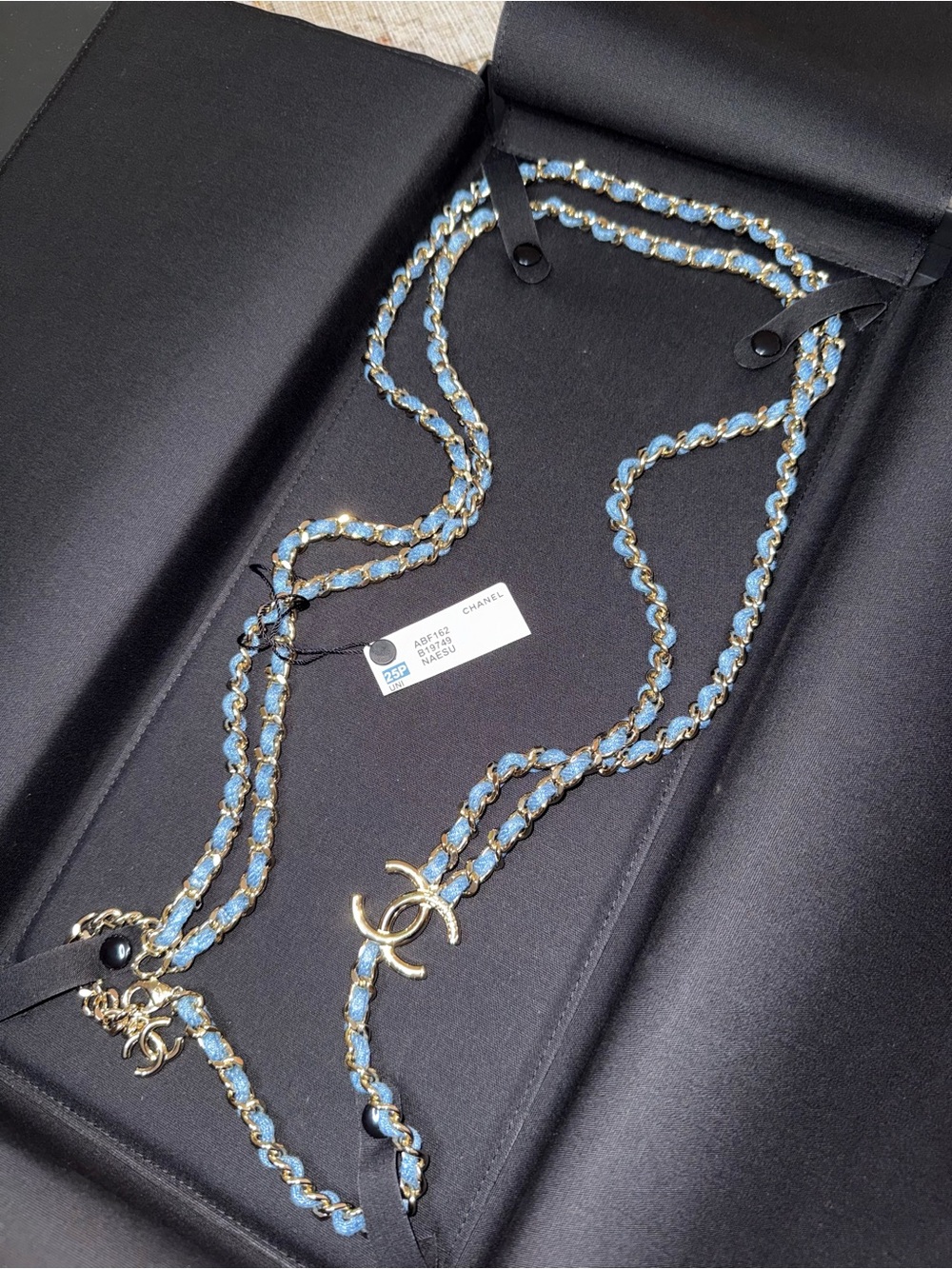 BNIB CHANEL denim and champagne necklace or belt
